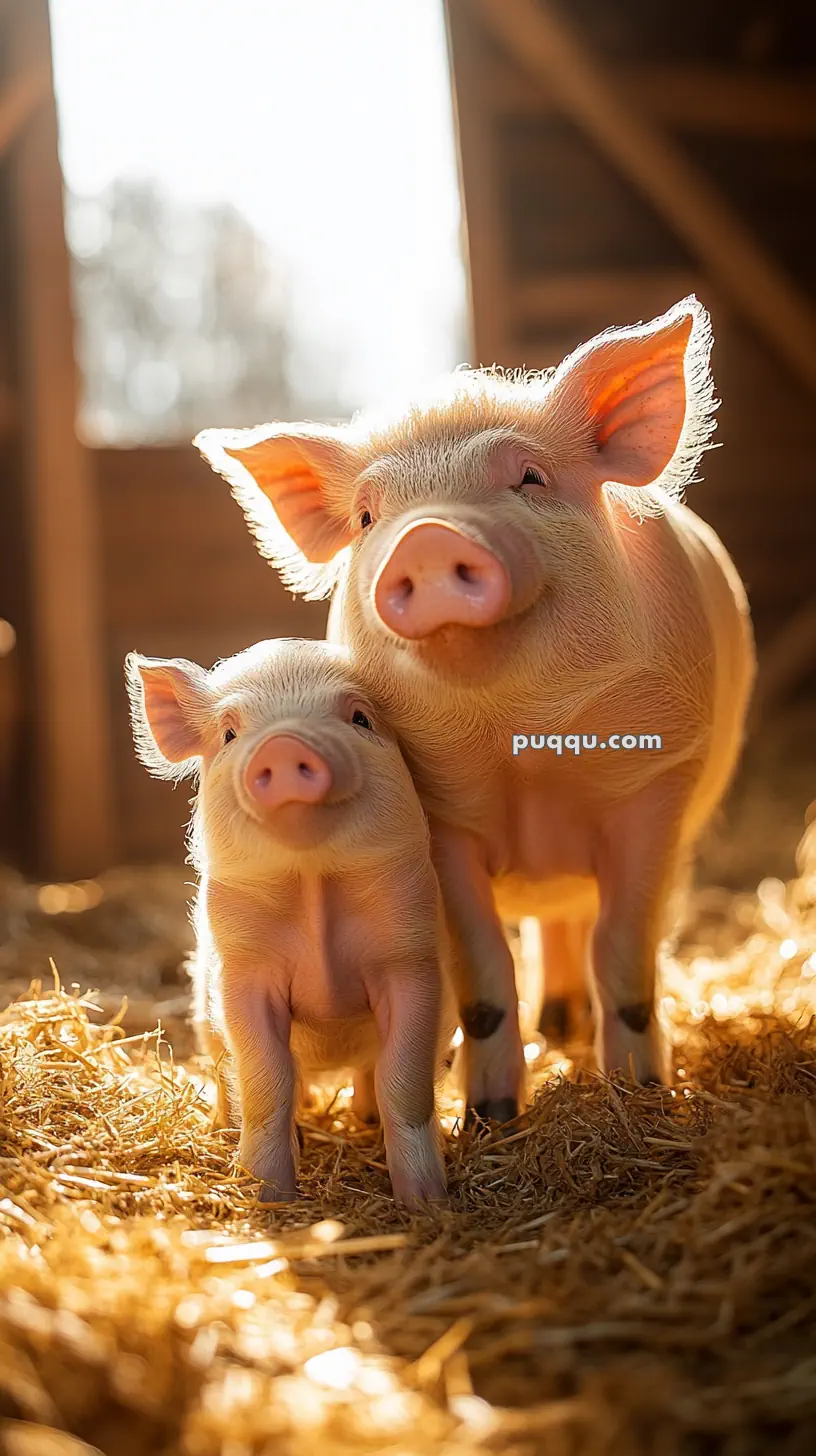 Two pigs standing on straw with sunlight streaming in from a barn.