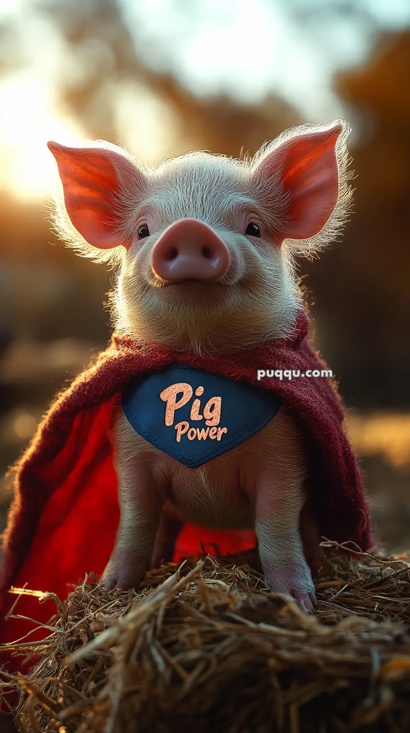 A piglet wearing a blue bib with "Pig Power" written on it, and a red cape, standing on hay.