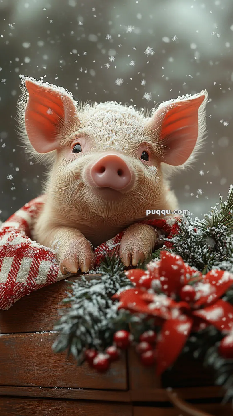 A cute piglet in a wooden crate decorated with a red and white checked blanket, surrounded by snow and festive greenery with red berries and ribbon.