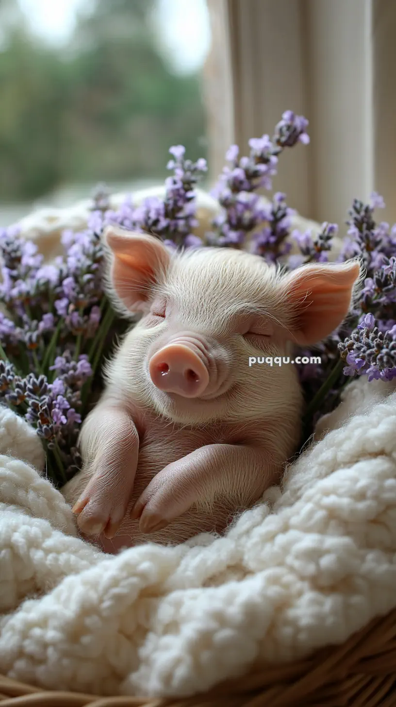 A sleeping piglet nestled in a white knitted blanket, surrounded by lavender flowers.