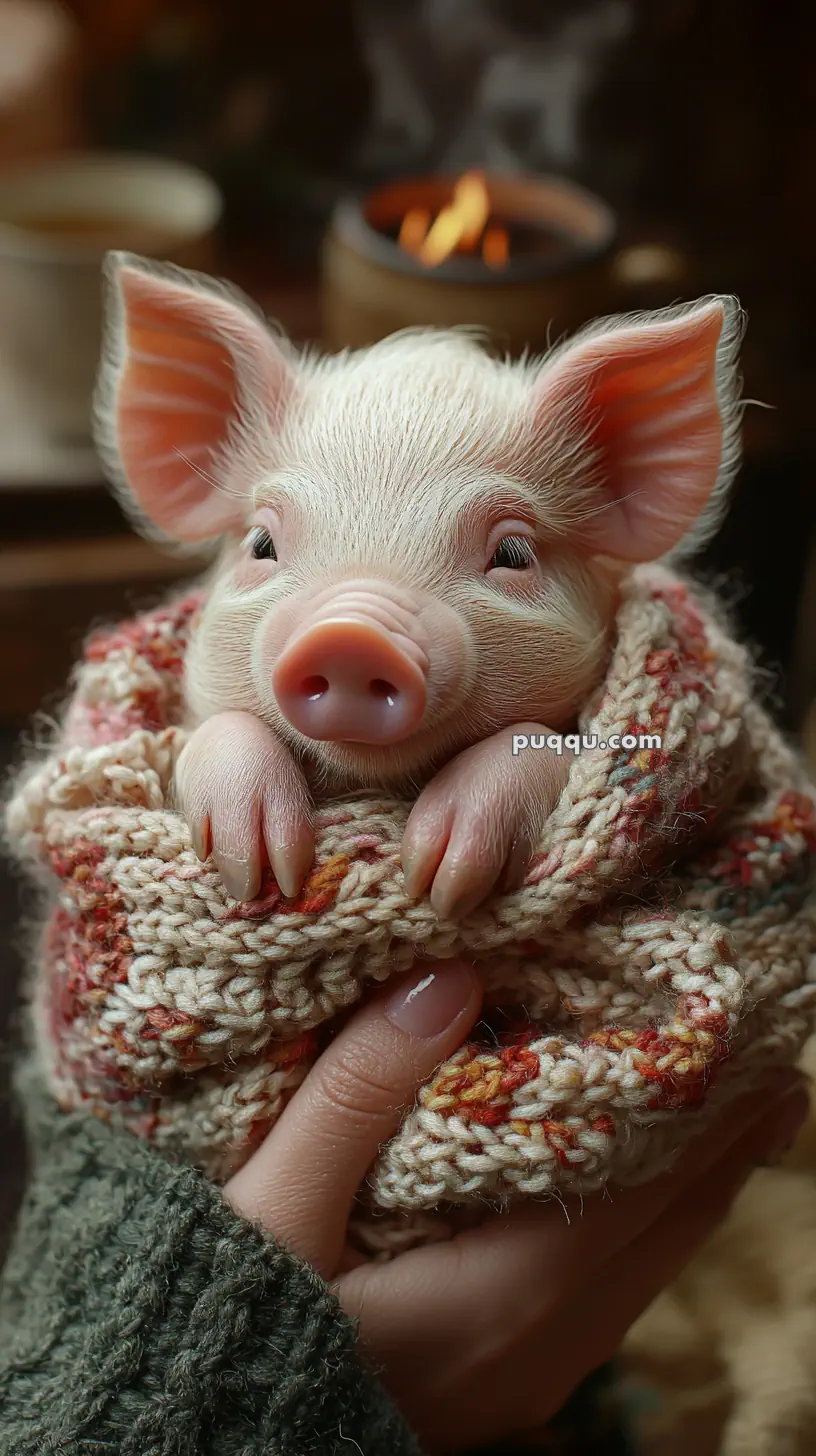 A small piglet wrapped in a knitted blanket, held in hands.