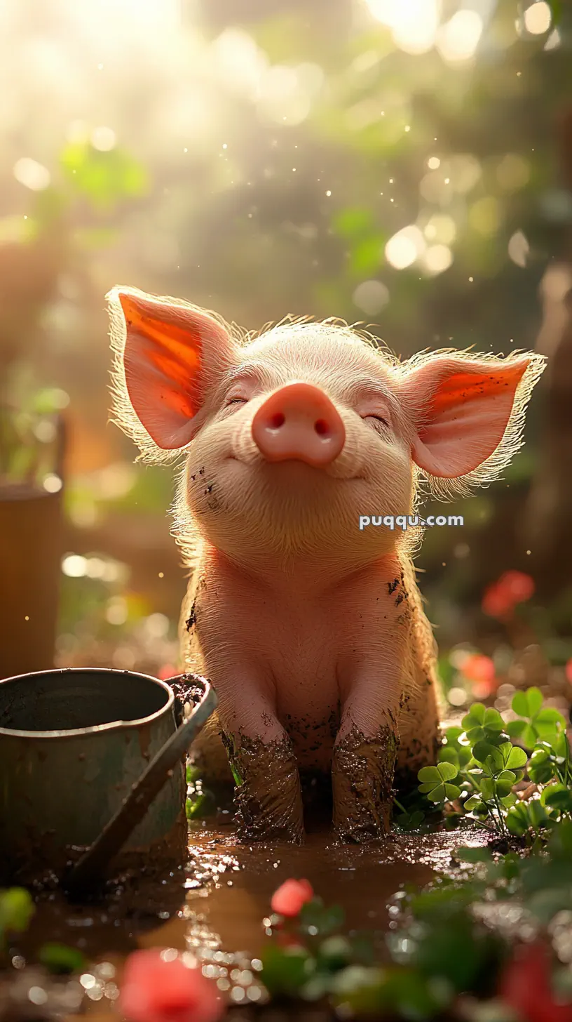 A piglet enjoying a muddy garden with sunlight filtering through the trees.