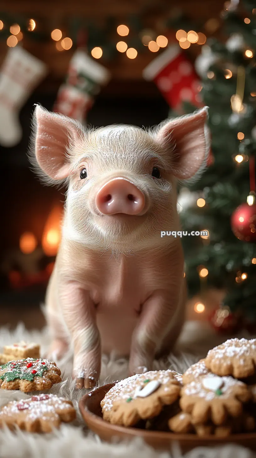 A cute piglet sitting on a fluffy rug with Christmas cookies and festive decorations in the background, including a Christmas tree and stockings.