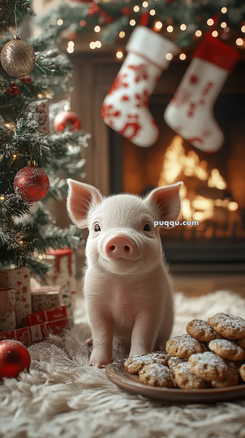 A cute piglet in front of a Christmas tree and fireplace, with stockings hanging and cookies on a plate nearby.