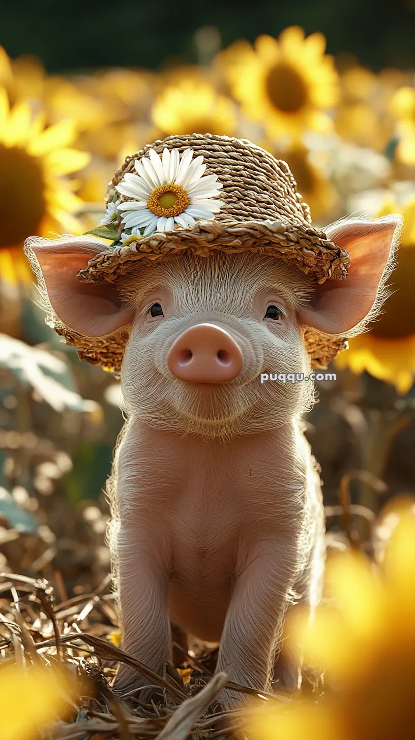 A piglet wearing a straw hat with a daisy stands in a sunflower field.