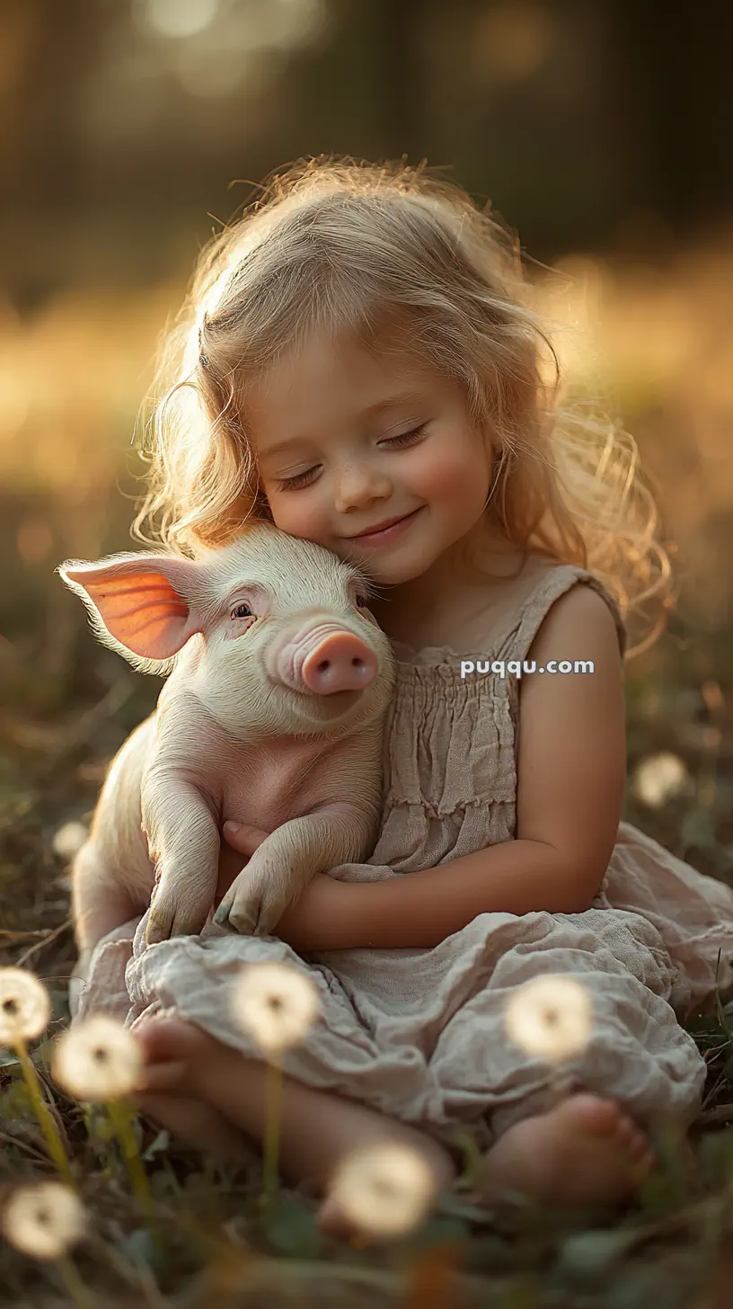 A girl sitting in a field, smiling and hugging a piglet with dandelions in the foreground.