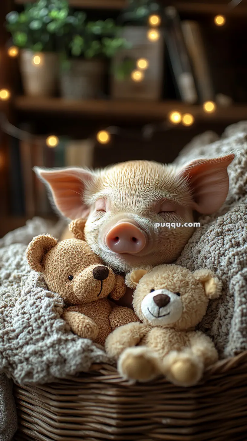 A sleeping piglet nestled with two teddy bears in a cozy basket with blankets, surrounded by soft, warm lighting.