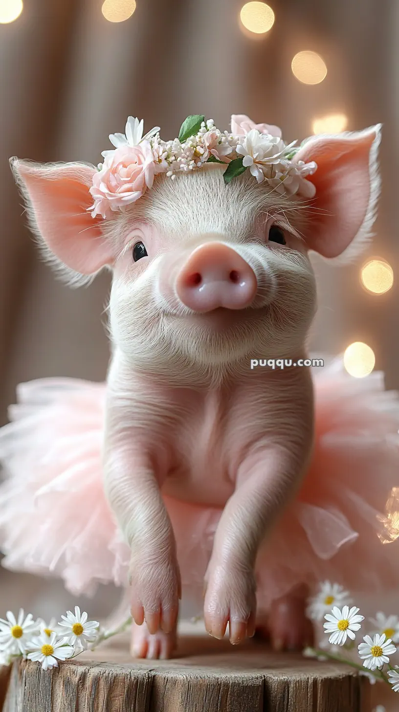 A cute piglet wearing a pink tutu and a floral crown, standing on a wooden stump with a soft-focus background of lights.