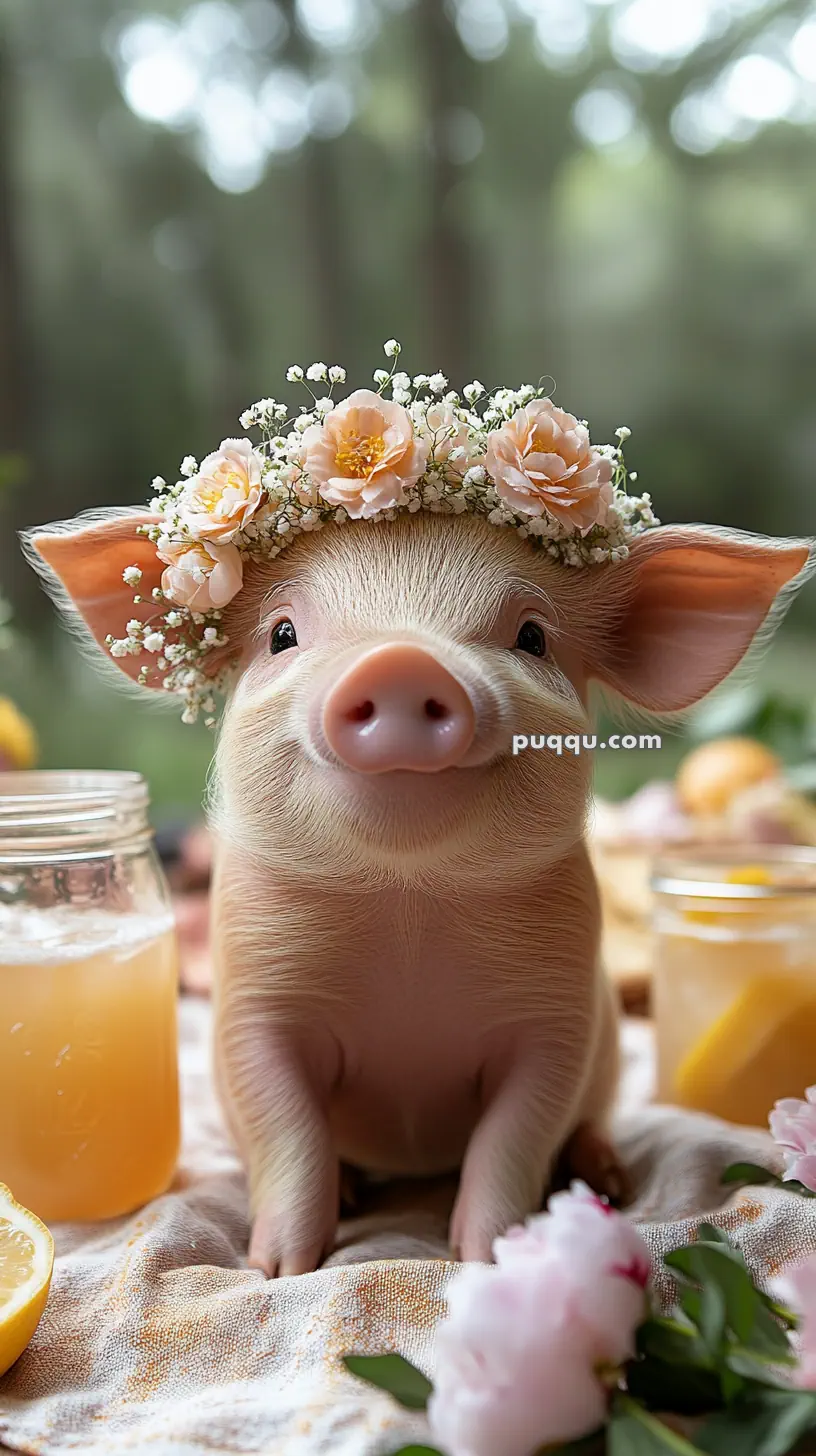 Cute piglet wearing a flower crown, with jars of juice and lemons around.