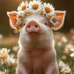 A piglet wearing a daisy flower crown, sitting in a field of daisies with a blurred sunlit background.