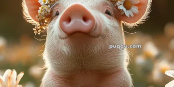 A piglet wearing a daisy flower crown, sitting in a field of daisies with a blurred sunlit background.