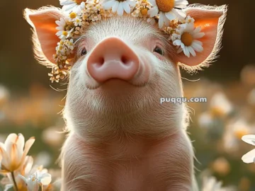 A piglet wearing a daisy flower crown, sitting in a field of daisies with a blurred sunlit background.