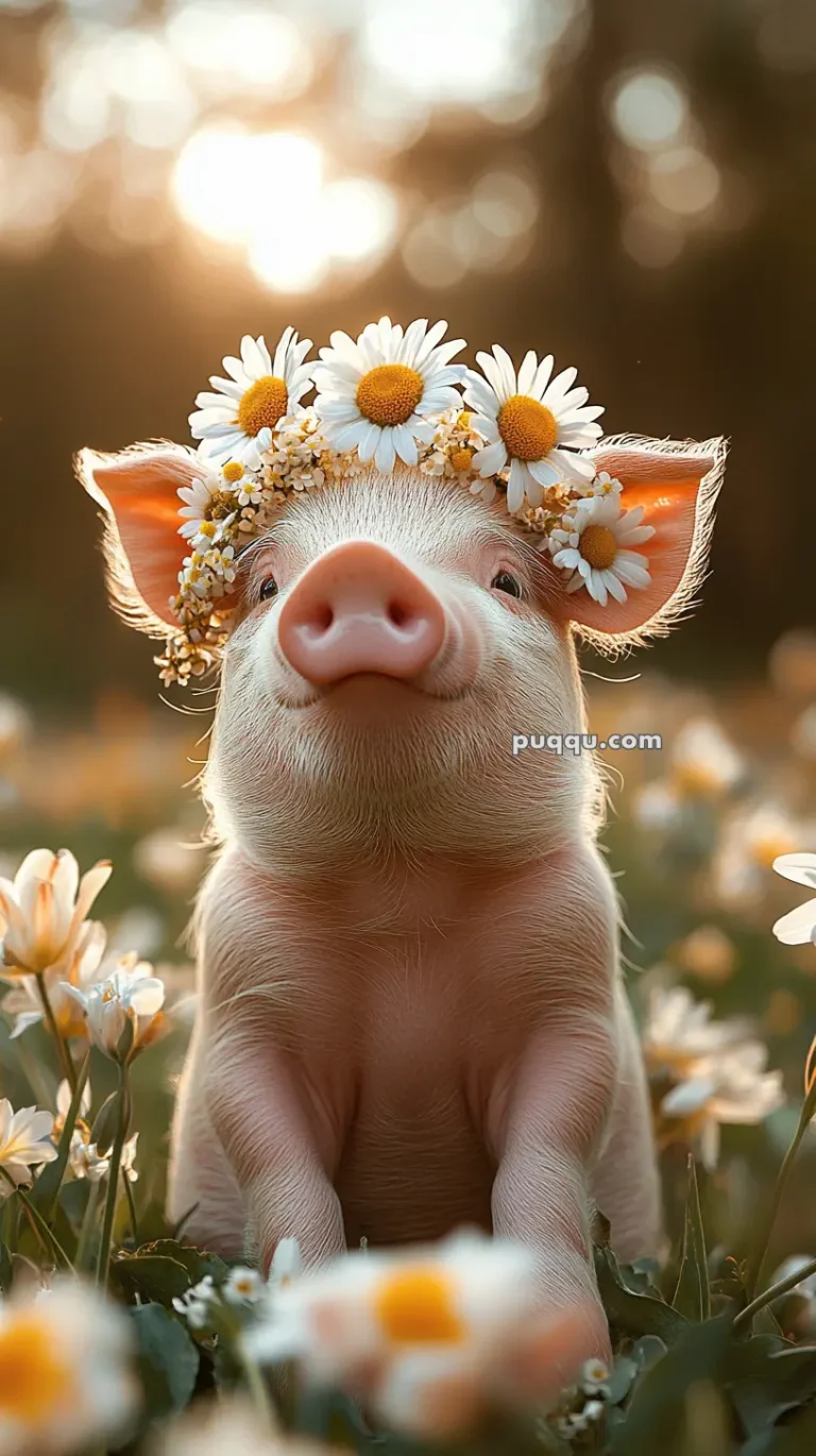 A piglet wearing a daisy flower crown, sitting in a field of daisies with a blurred sunlit background.