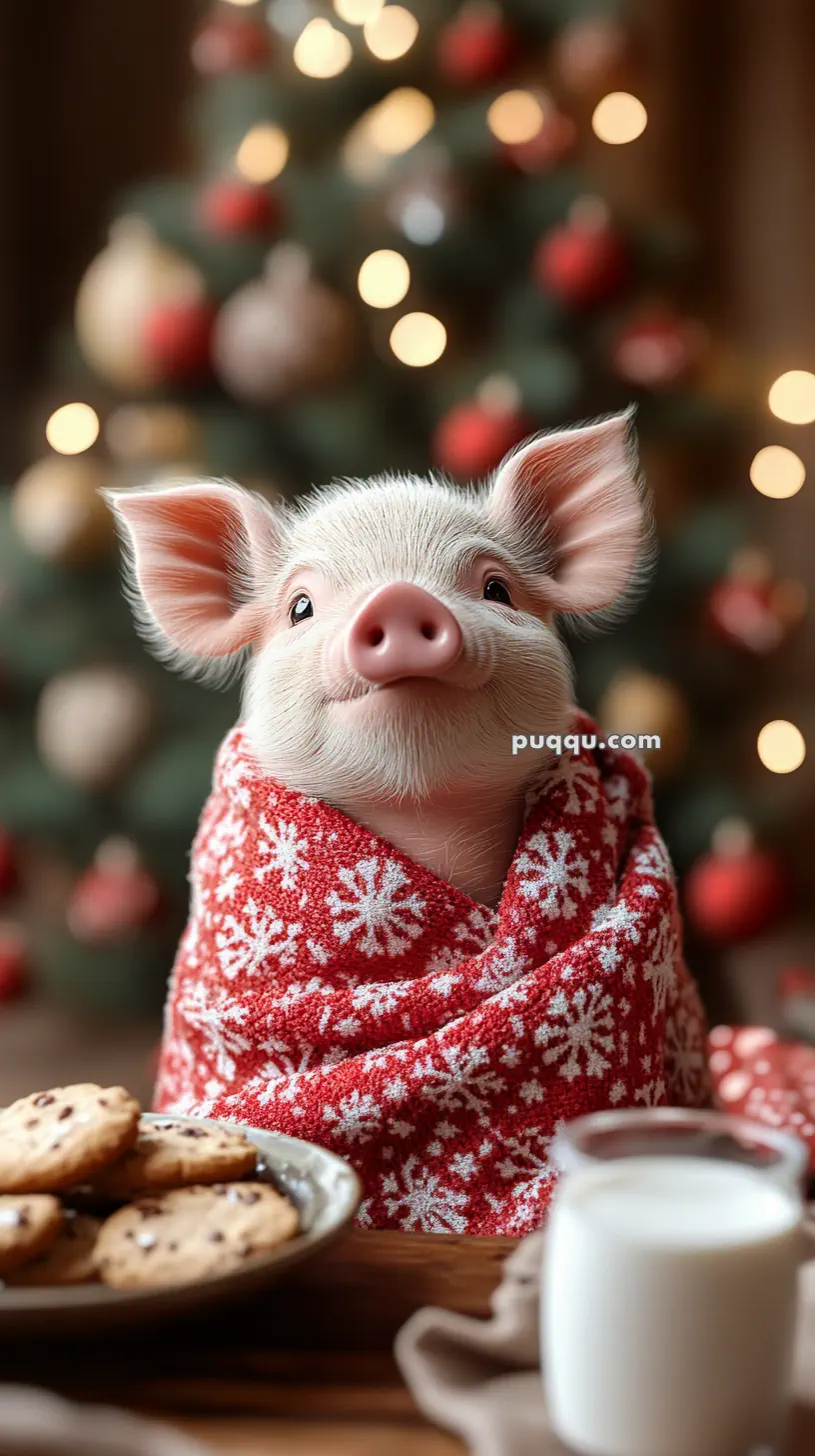 A piglet wrapped in a red snowflake-patterned blanket sits in front of a blurred Christmas tree, with cookies and a glass of milk nearby.