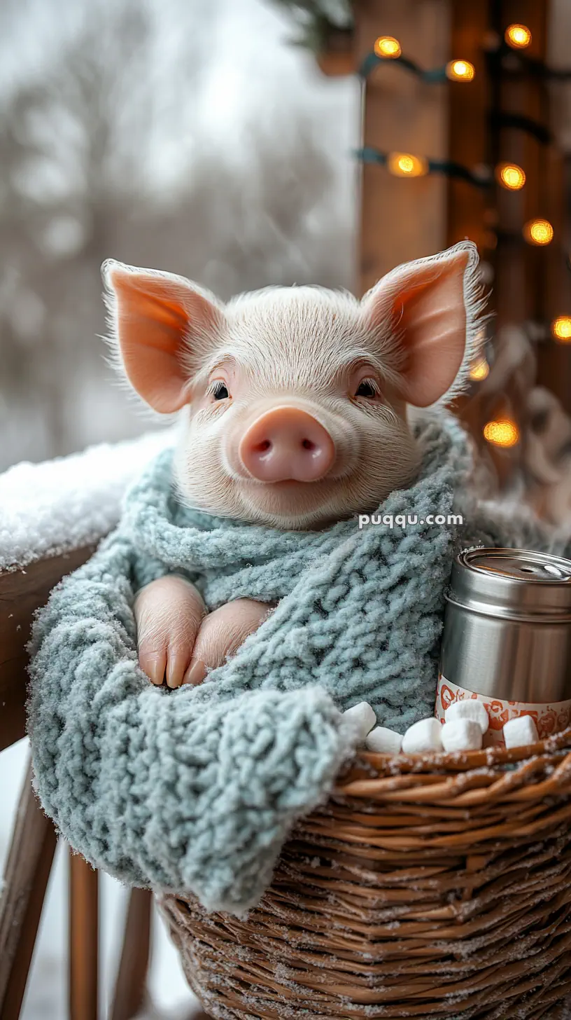 A cute piglet wrapped in a cozy blanket inside a basket, with snow and string lights in the background.