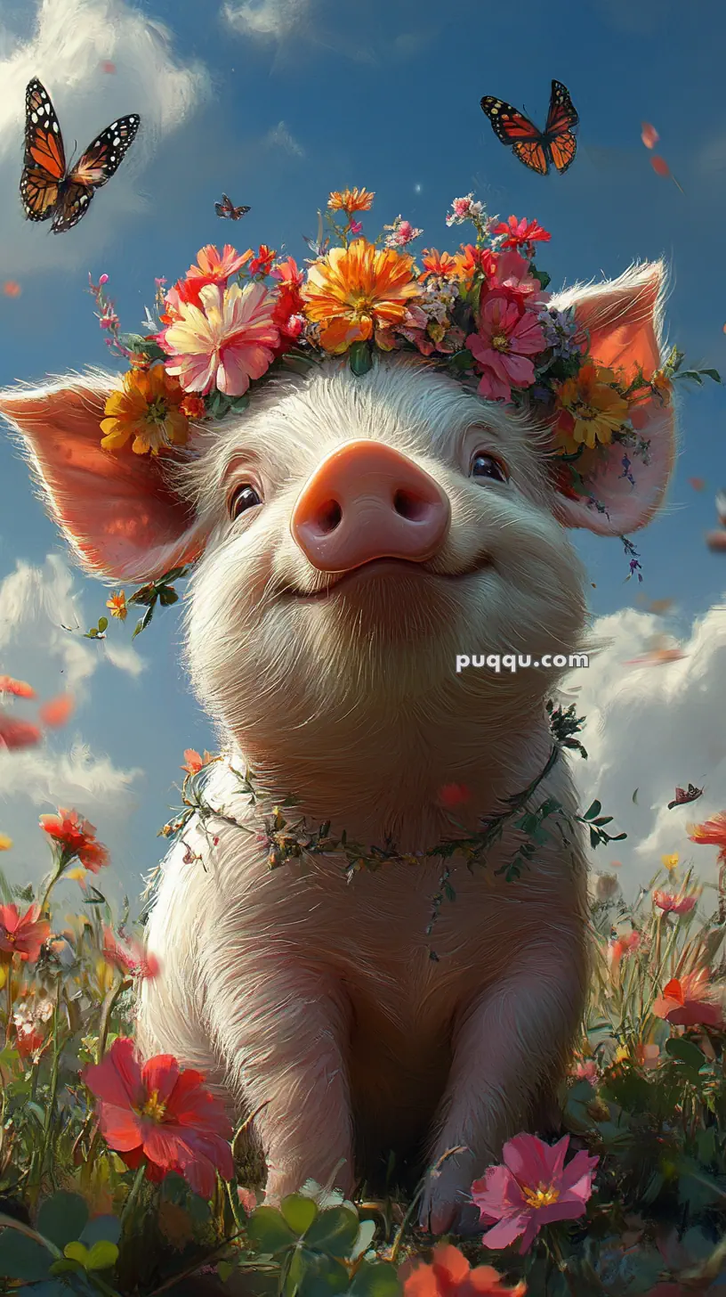 A whimsical illustration of a piglet wearing a flower crown among colorful flowers and butterflies.