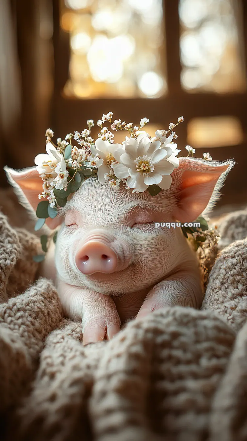 A piglet with closed eyes wearing a floral crown, lying on a knitted blanket.