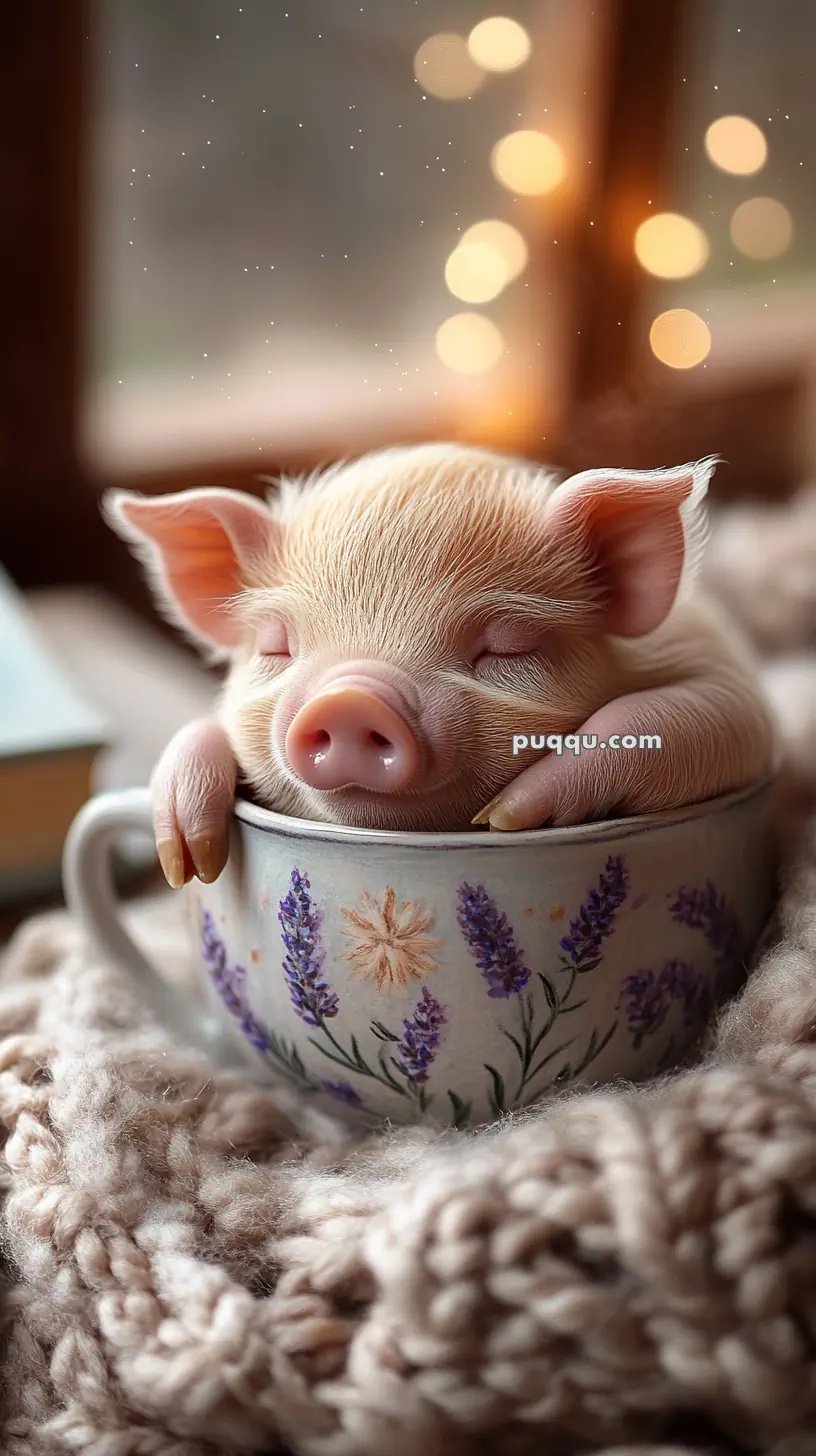 A sleeping piglet snuggled inside a teacup with lavender designs, surrounded by cozy knit fabric.