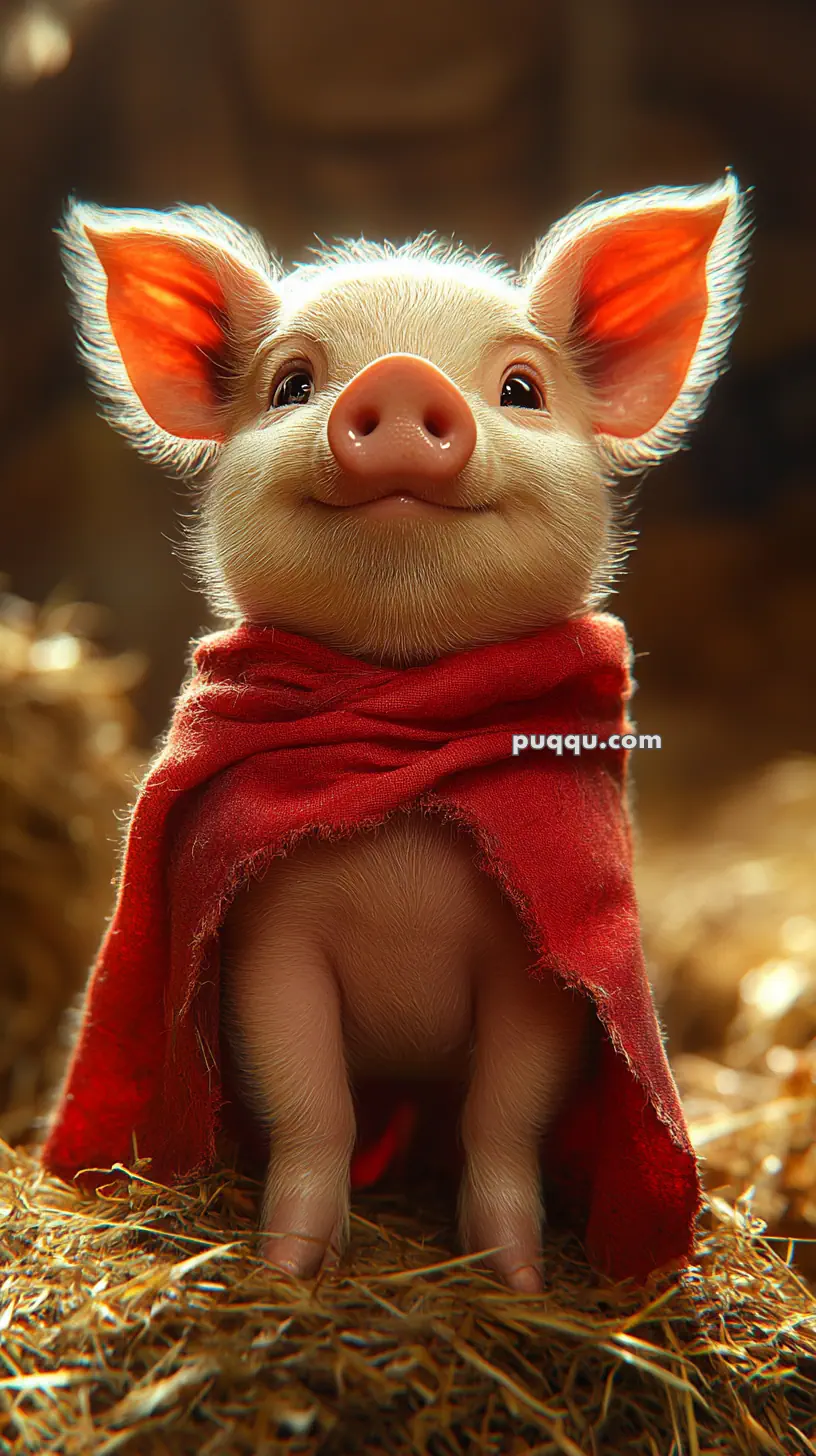 A piglet wearing a red cape stands on straw, looking upwards.