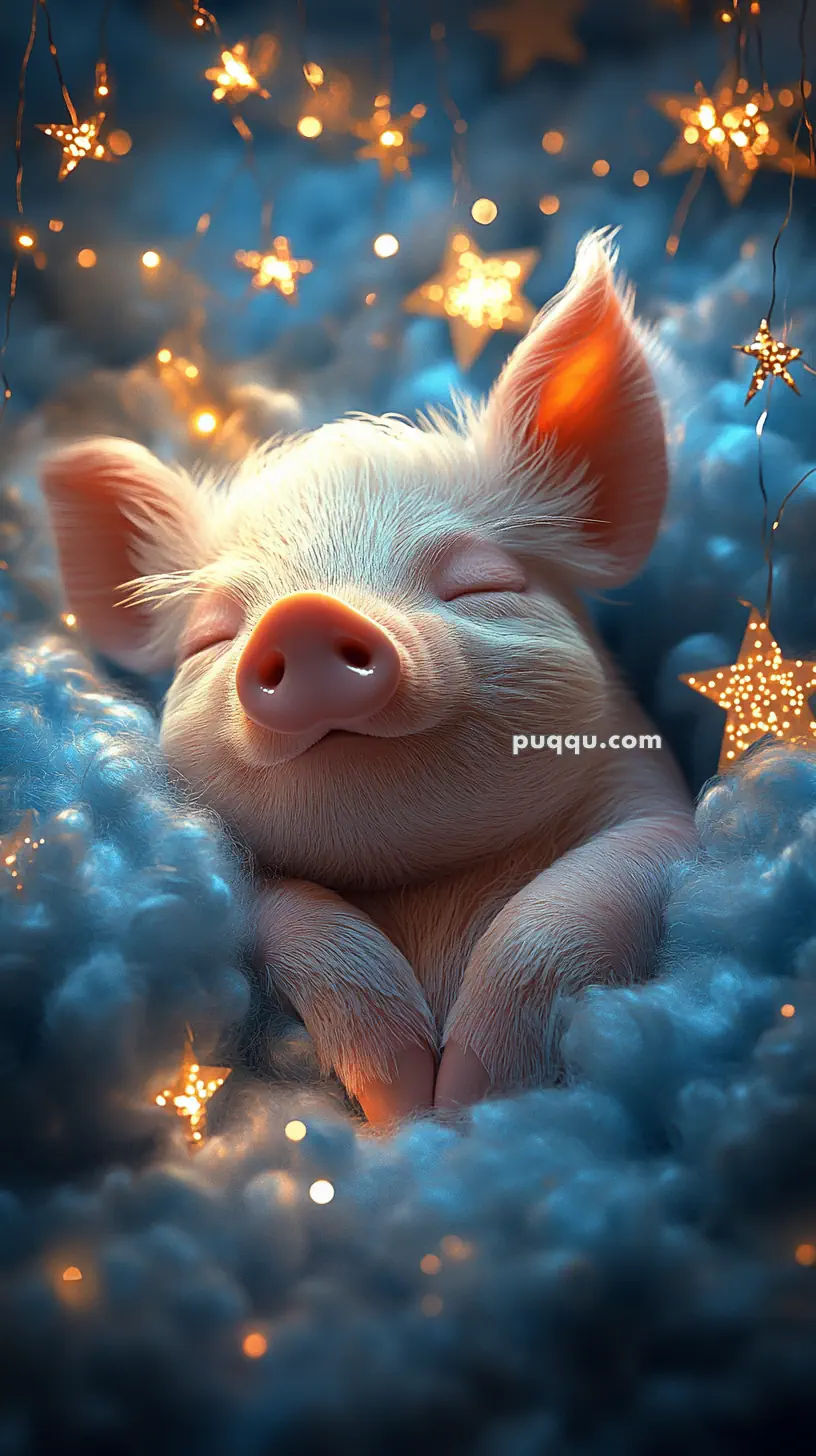 A sleeping piglet nestled in fluffy clouds with glowing star lights around it.