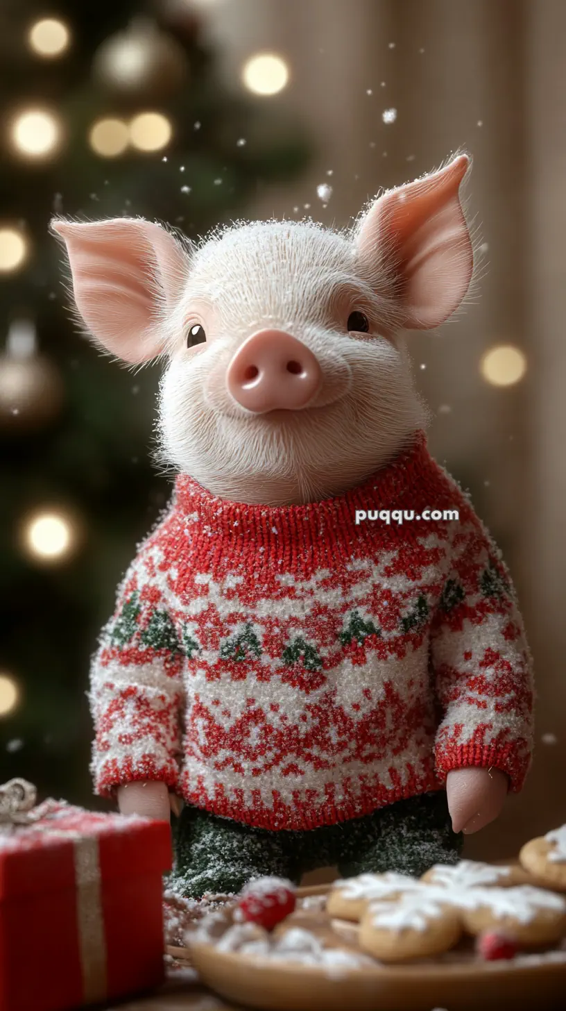 A piglet in a festive sweater stands beside a plate of cookies and a wrapped gift, in a Christmas-themed setting with soft lighting.