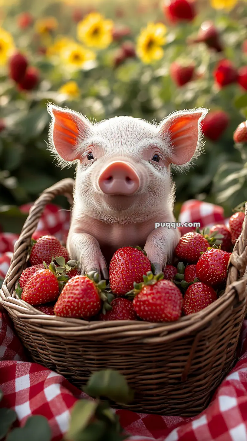 A piglet sitting in a basket filled with strawberries, surrounded by flowers.