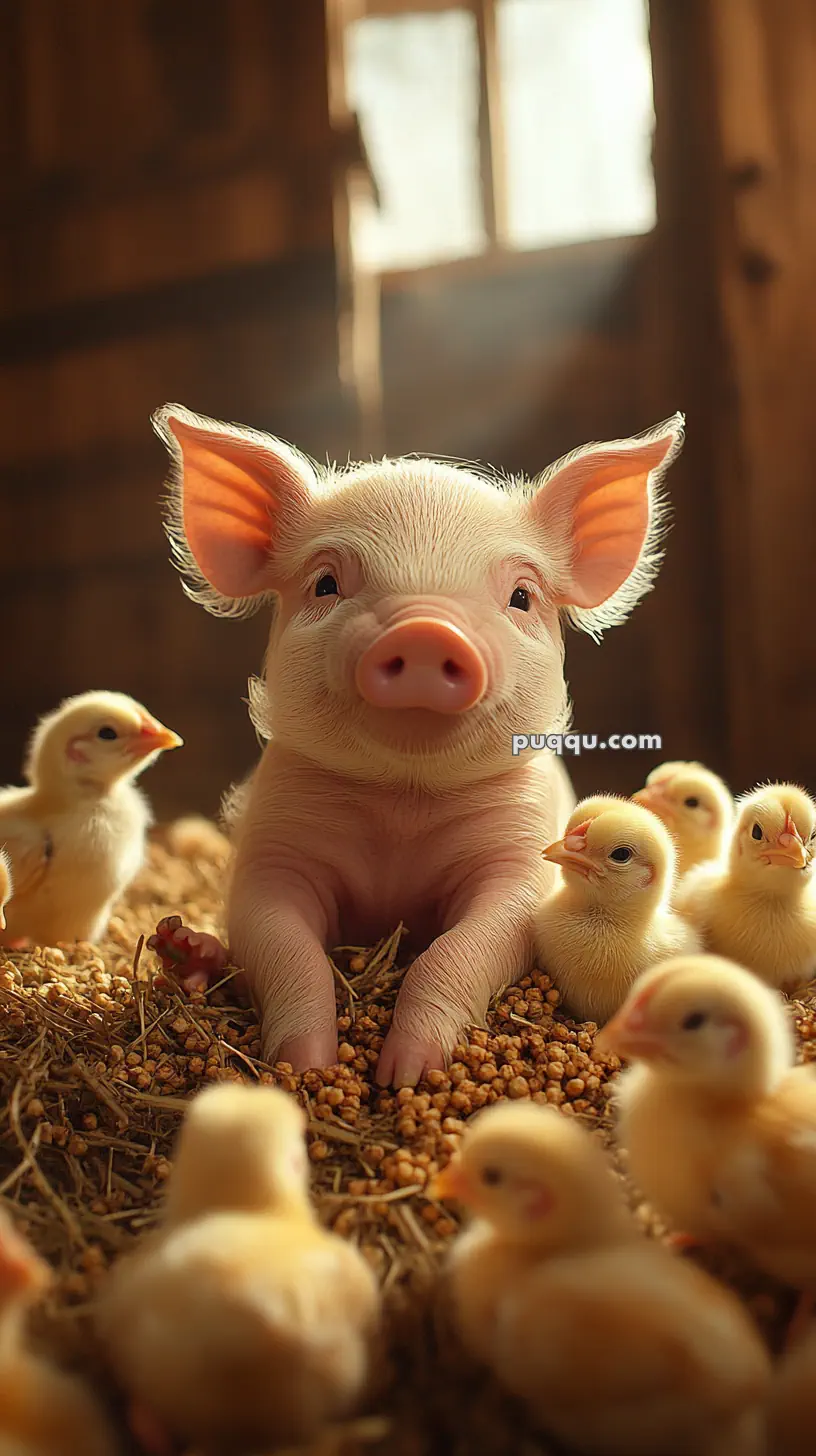 A piglet surrounded by chicks on a bed of straw in a barn with soft light coming through a window.