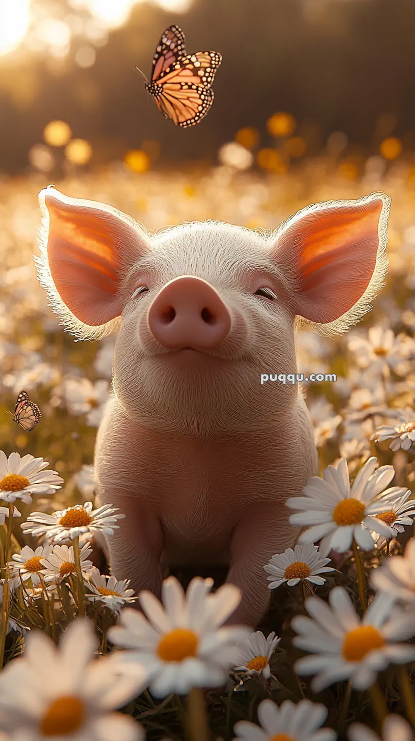 A piglet sits among daisies, looking content with butterflies fluttering nearby.