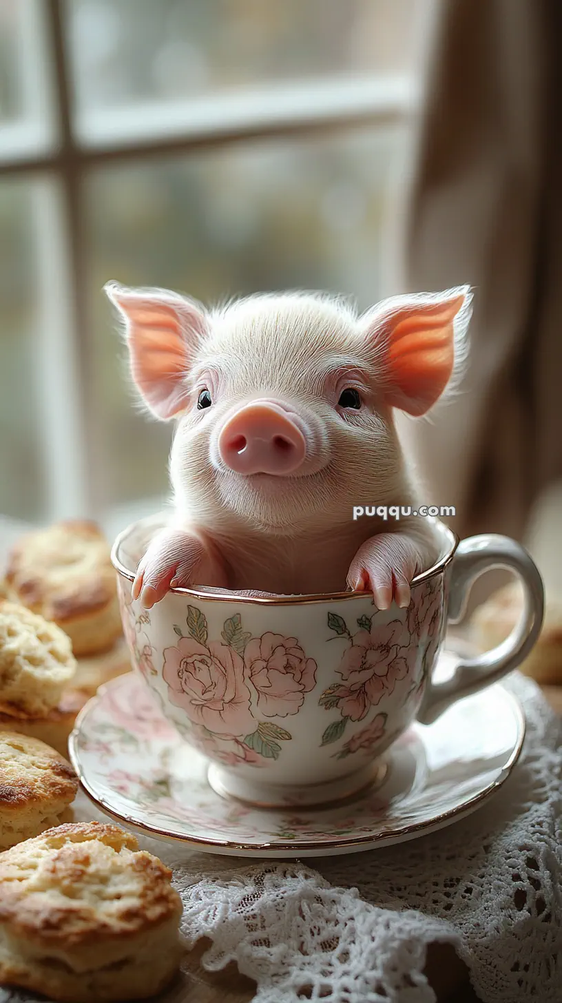 A piglet sitting inside a floral teacup placed on a saucer, with scones nearby on a lace cloth.