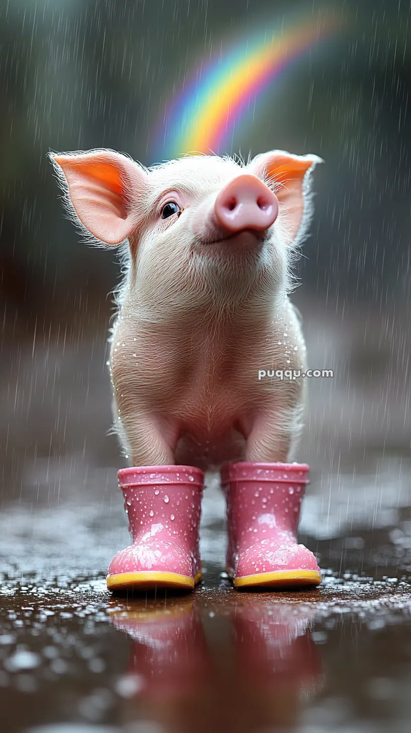 A piglet wearing pink rain boots standing in the rain with a rainbow in the background.