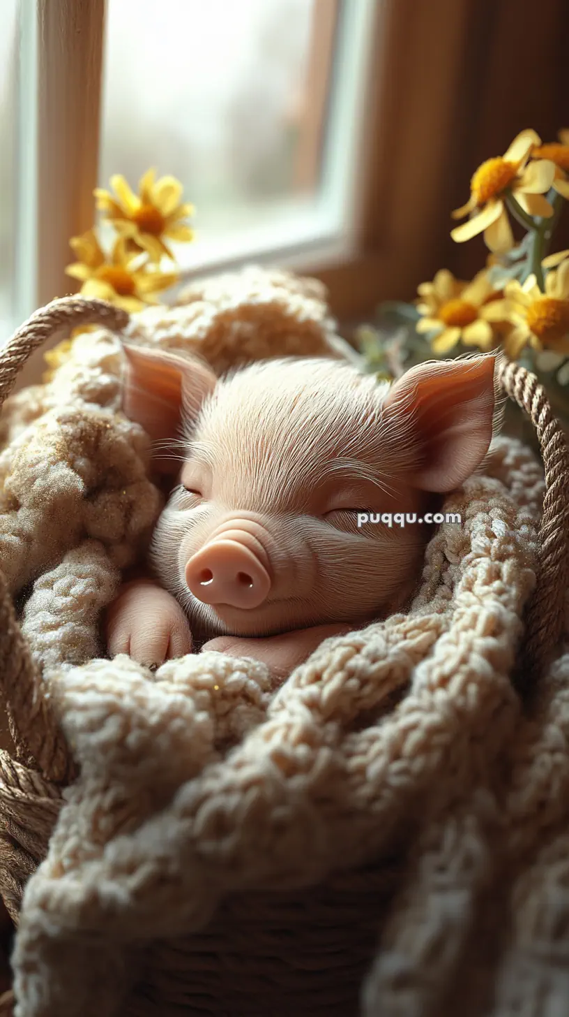 A piglet sleeping in a cozy knitted blanket with flowers in the background.