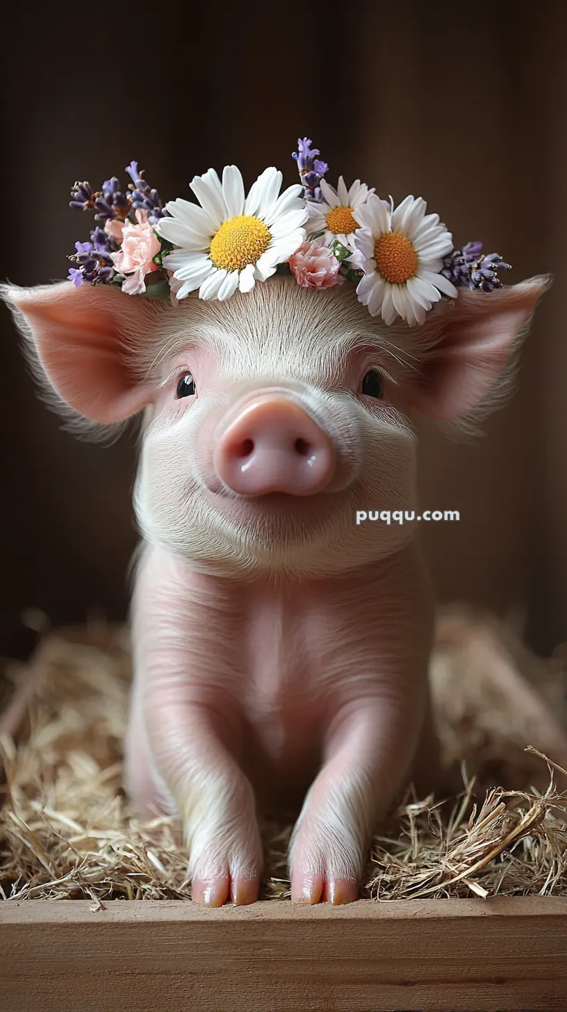 Cute piglet wearing a flower crown with daisies and other small flowers, sitting in a wooden box with straw.