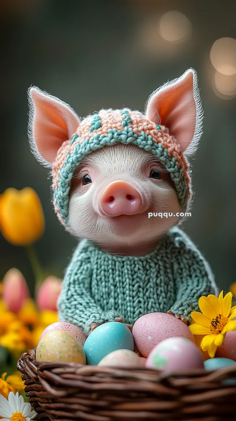 A piglet wearing a knitted hat and sweater sits in a basket with colorful Easter eggs, surrounded by yellow flowers.