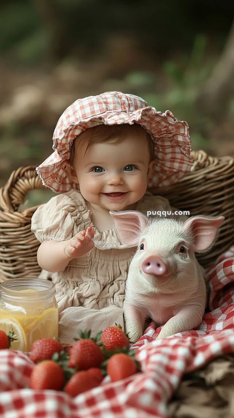 A smiling baby in a gingham sun hat sits in a basket with a piglet, surrounded by strawberries and a jar of lemon slices.