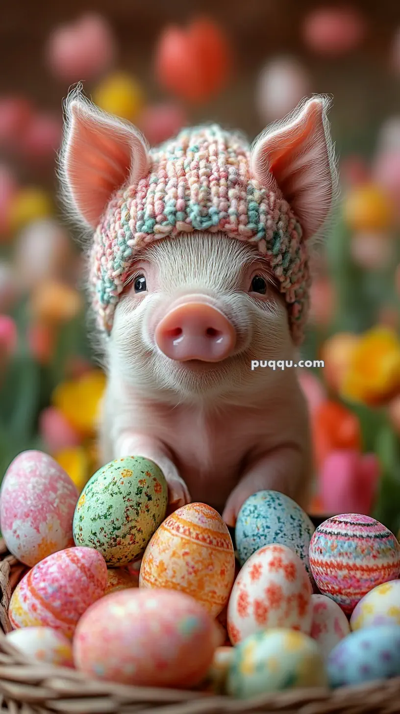 Cute piglet wearing a knitted hat surrounded by colorful Easter eggs in a basket.