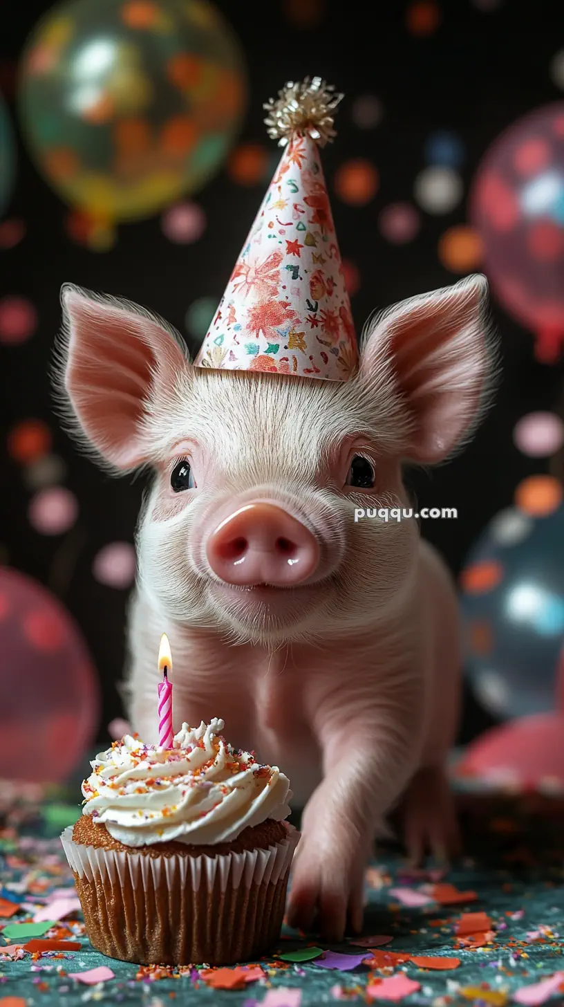 A piglet wearing a party hat next to a cupcake with a lit candle, surrounded by colorful balloons and confetti.