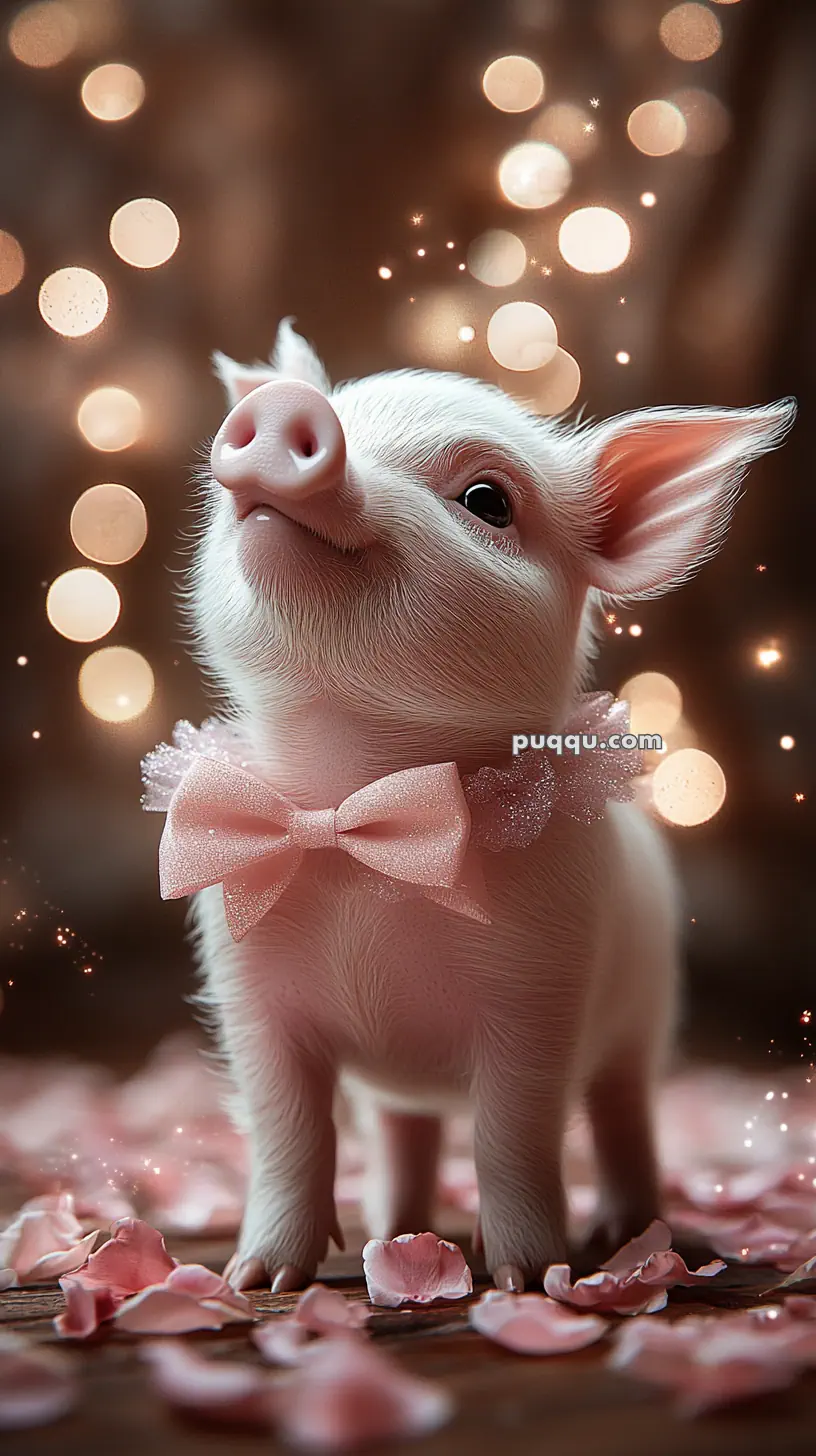 A cute piglet with a pink bow tie standing on a surface covered with rose petals, with bokeh lights in the background.