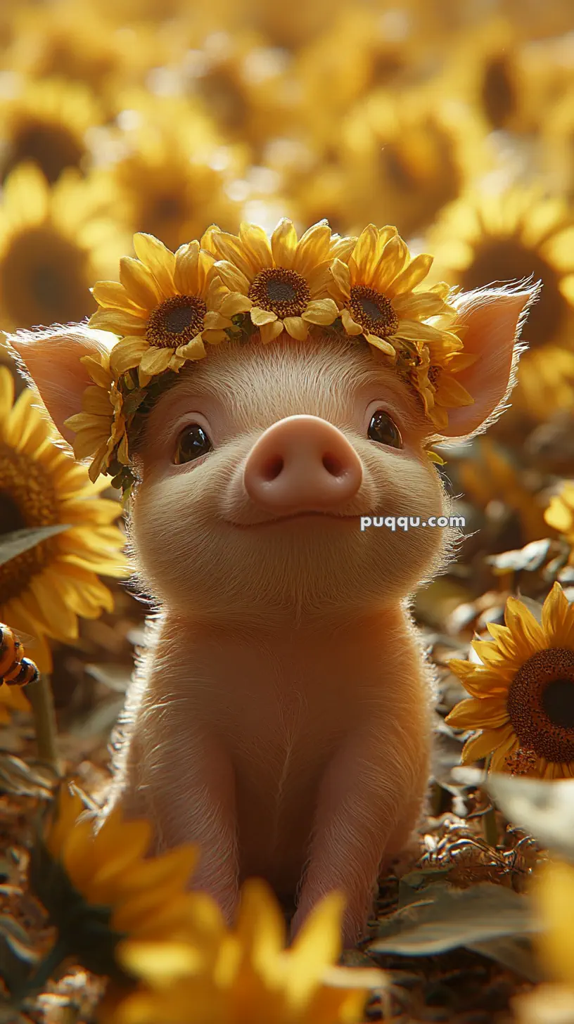 A piglet wearing a sunflower crown surrounded by sunflowers.