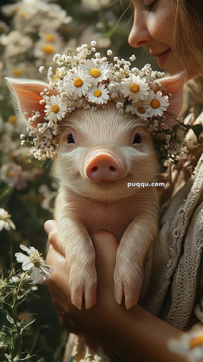 A piglet wearing a floral wreath being held by a person among daisies.