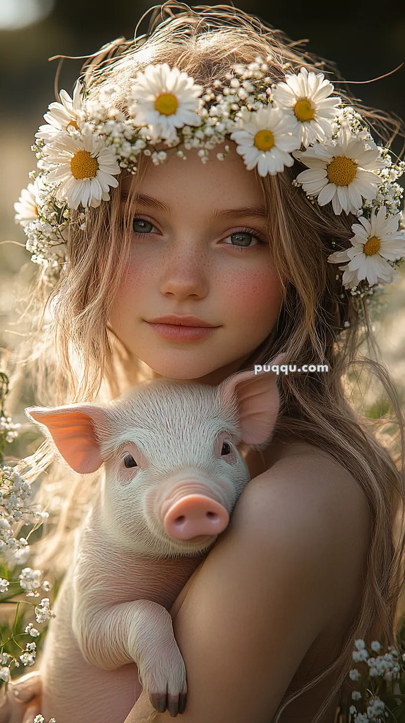 A young girl with a floral crown holding a piglet in a field of flowers.