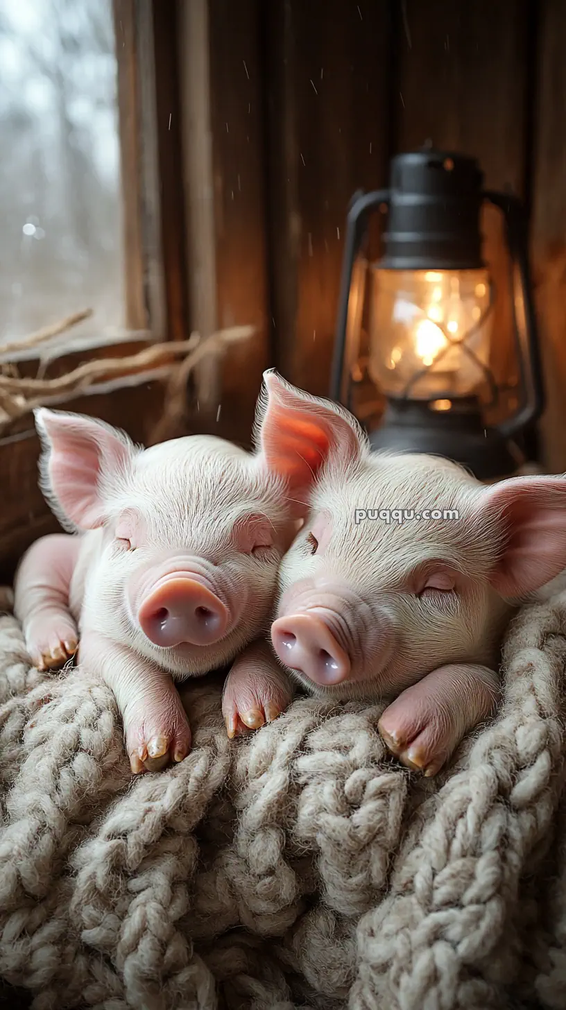 Two piglets snuggled together on a knitted blanket with a lit lantern in the background.