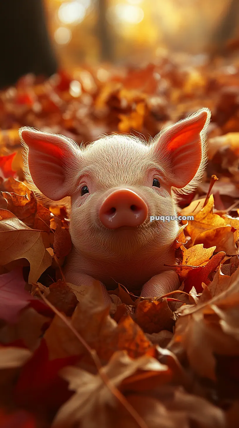 A piglet peeks out from a pile of colorful autumn leaves.