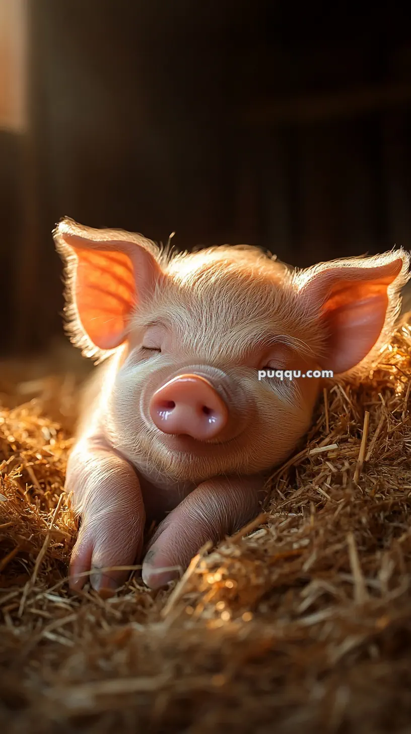 A piglet sleeping on a bed of straw with sunlight illuminating its ears and nose.