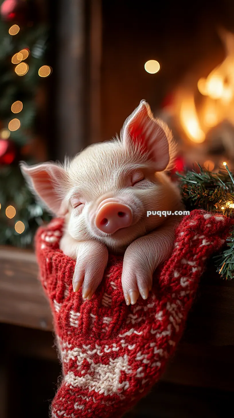 A piglet sleeping in a red knitted stocking by a fireplace with Christmas lights.