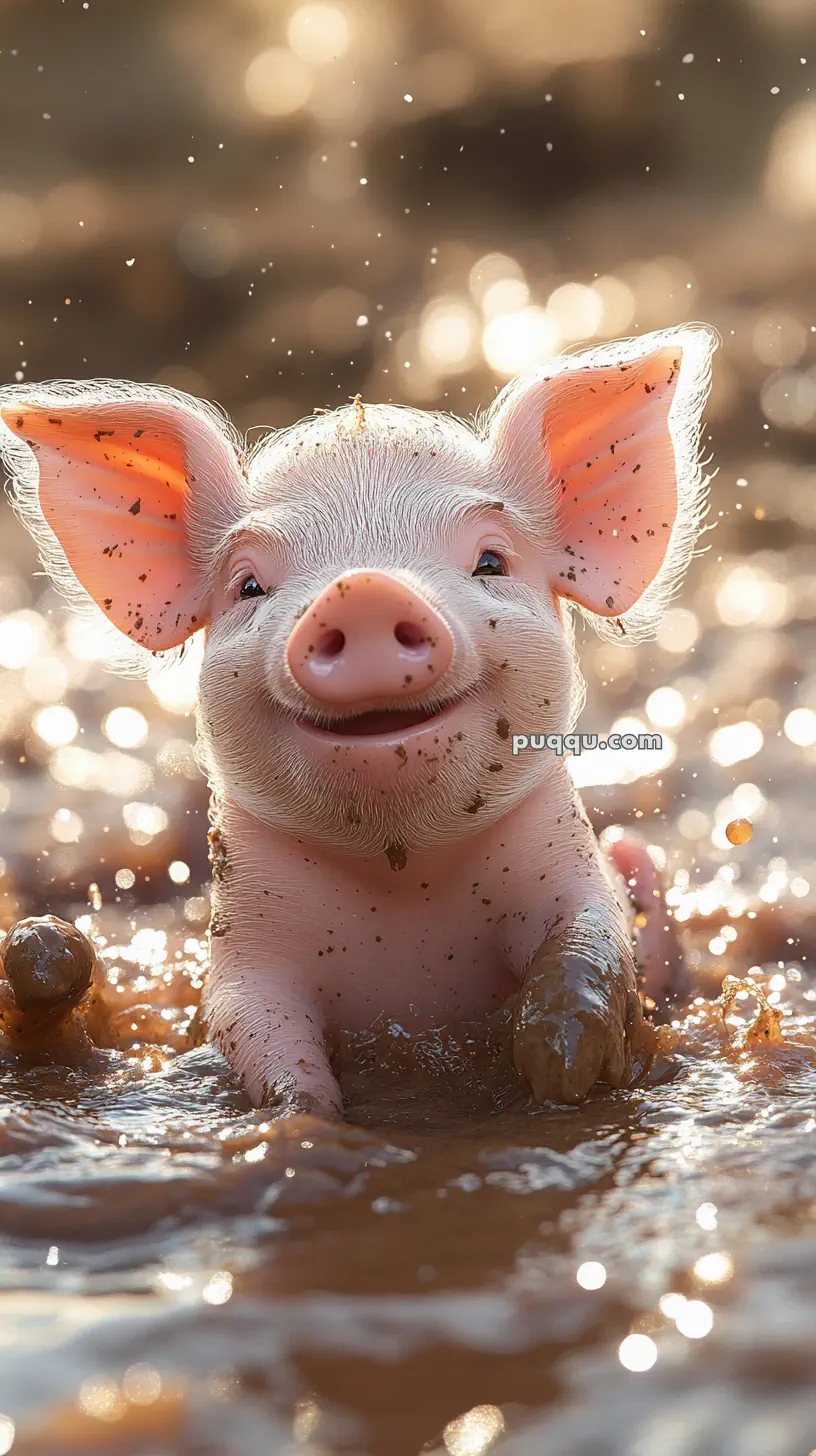 A pink piglet playing in muddy water with a joyful expression.