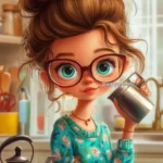 Animated character with large glasses and green eyes, holding a milk frother, wearing a floral sweater in a kitchen setting.