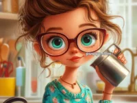 Animated character with large glasses and green eyes, holding a milk frother, wearing a floral sweater in a kitchen setting.