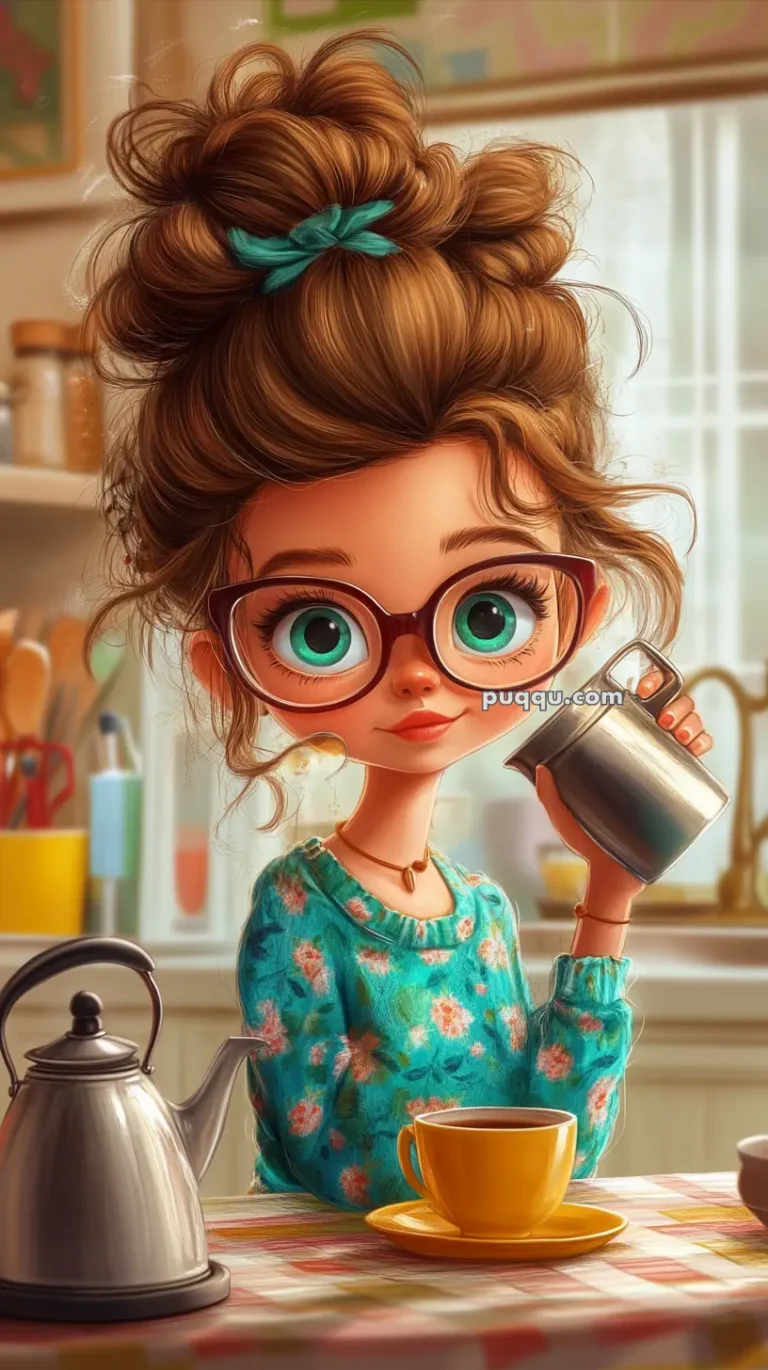 Animated character with large glasses and green eyes, holding a milk frother, wearing a floral sweater in a kitchen setting.