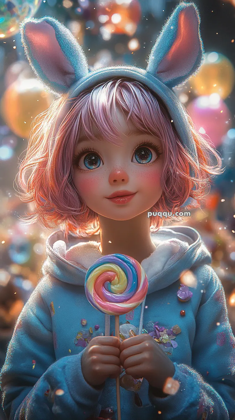 A child with pink hair and bunny ears holds a colorful swirl lollipop, surrounded by bokeh lights.