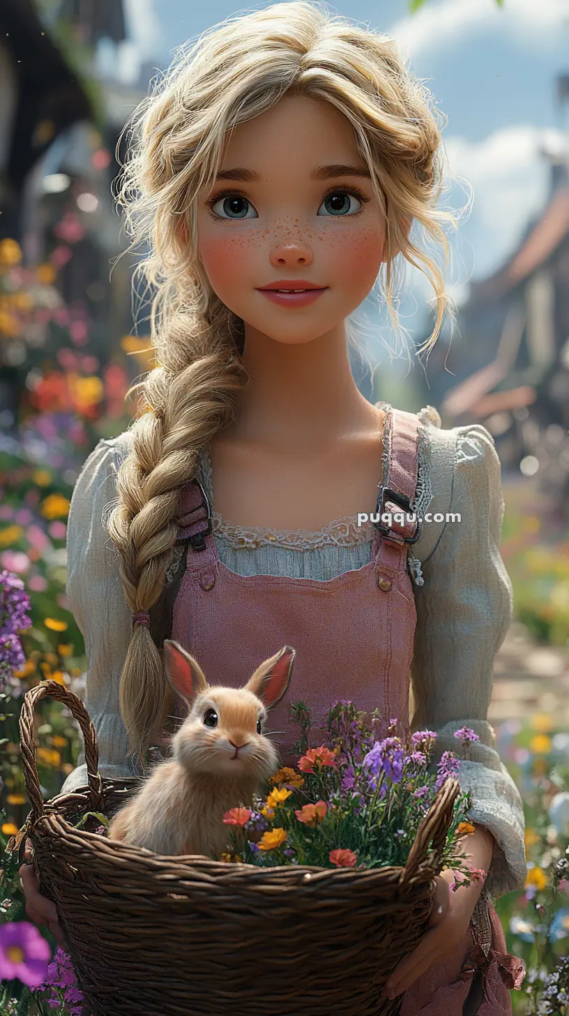 Animated girl with braided hair and freckles holding a basket with a small rabbit and flowers.